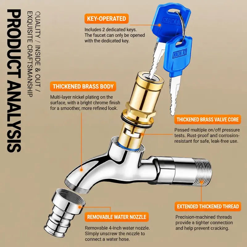 Brass Lockable Water Faucet with Key, 1/2 Inch Outdoor Anti-Theft Tap, Frost & Explosion Proof Heavy Duty Spout