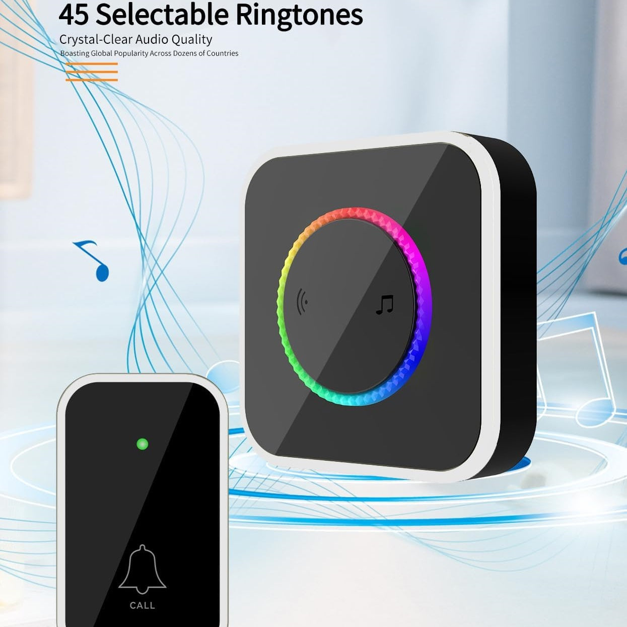 Adjustable Wireless Doorbel 45 Chimes, Colorful LED, 1000Ft Range