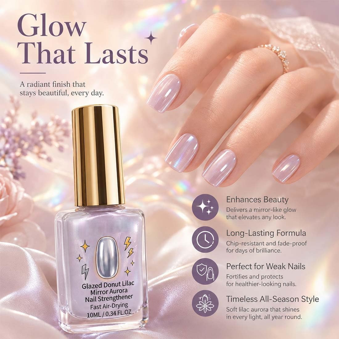 2Pcs Lilac Glossy Mirror Nail Strengthener, Glazed Donut Lilac Mirror Aurora Nail Strengthener Fast Air-Dry