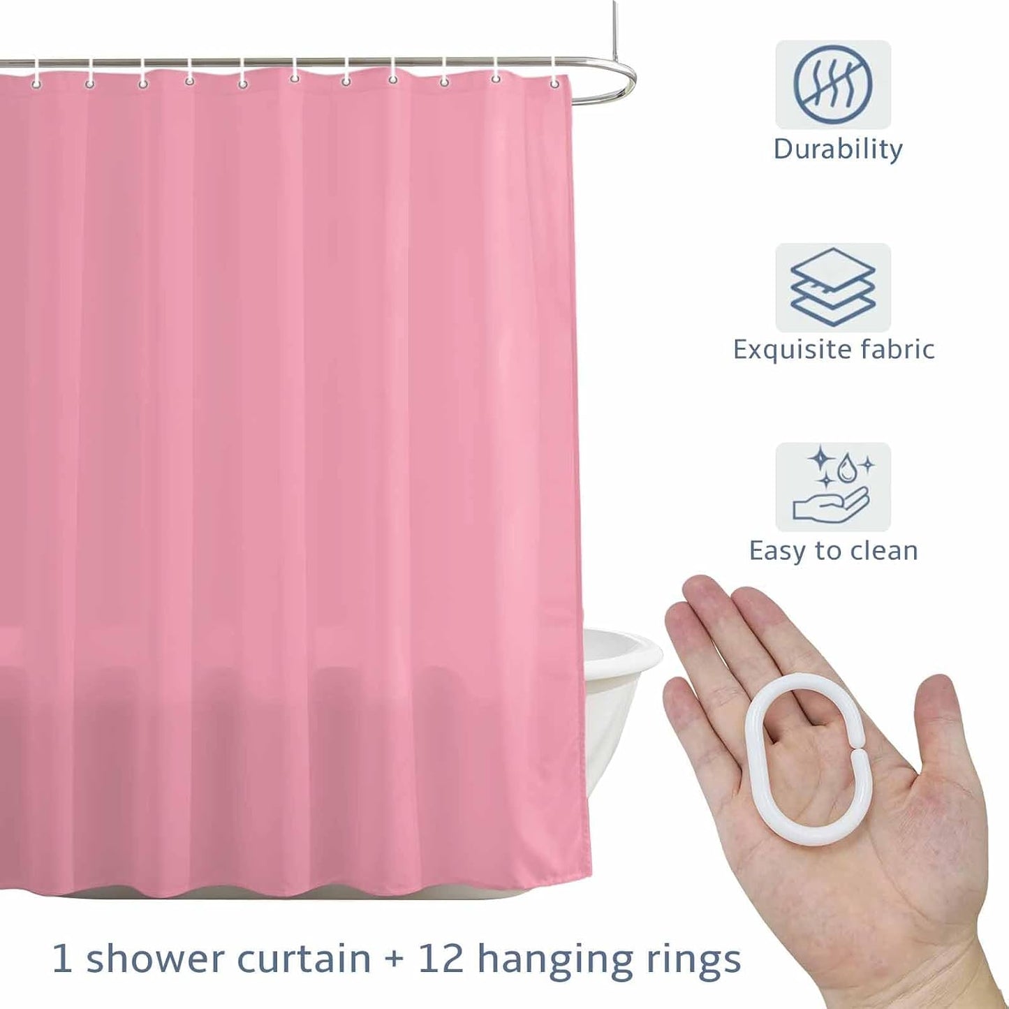 Minimalist Solid Pure Pink Shower Curtain with Hooks,Waterproof Fabric Privacy Bath Curtain