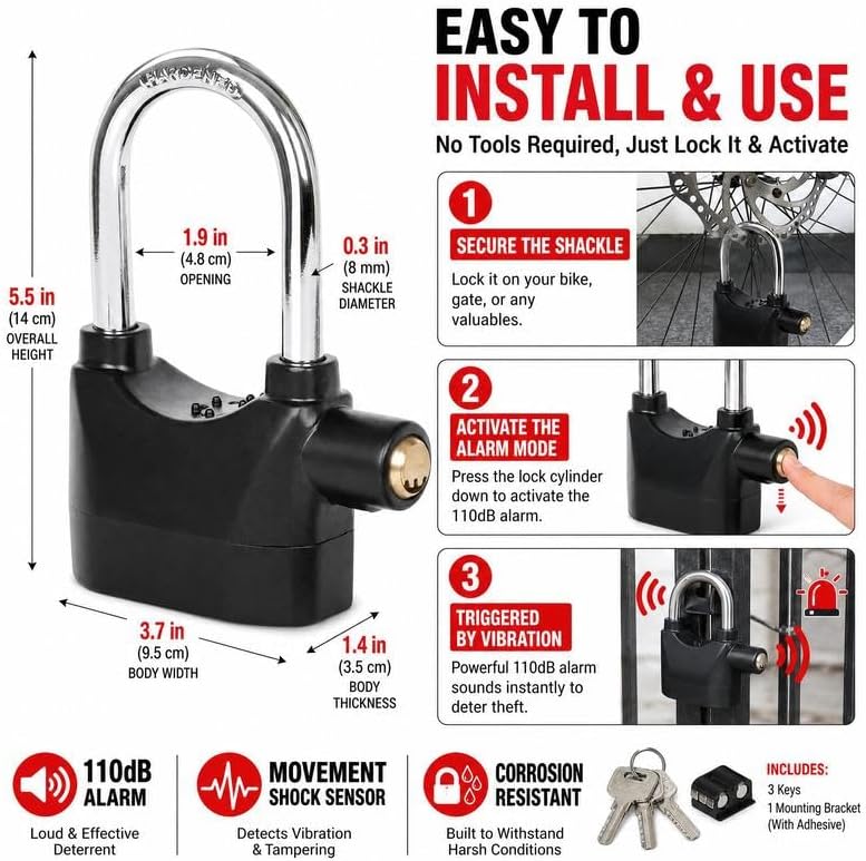 Anti-Theft Alarm Padlock with Lock Hasps, Aluminum Alloy Materia