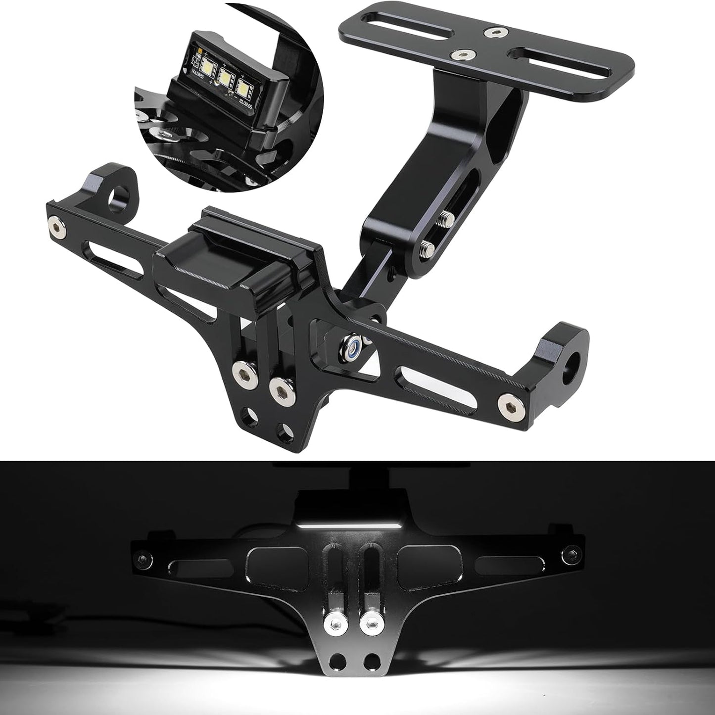 Universal Motorcycle License Plate Bracket with LED Light Aluminum