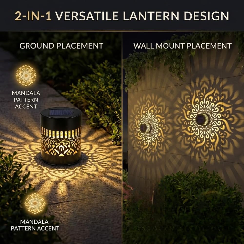 2-Pack Solar Mandala Projector Lights Waterproof Metal Wall Lights