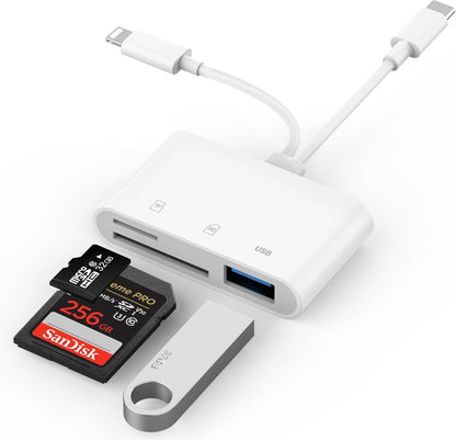 SD Card Reader for iPhone, Apple + Type-C Dual-Cable 3-in-1 USB C Lightning Dual Port SD Card Adapter