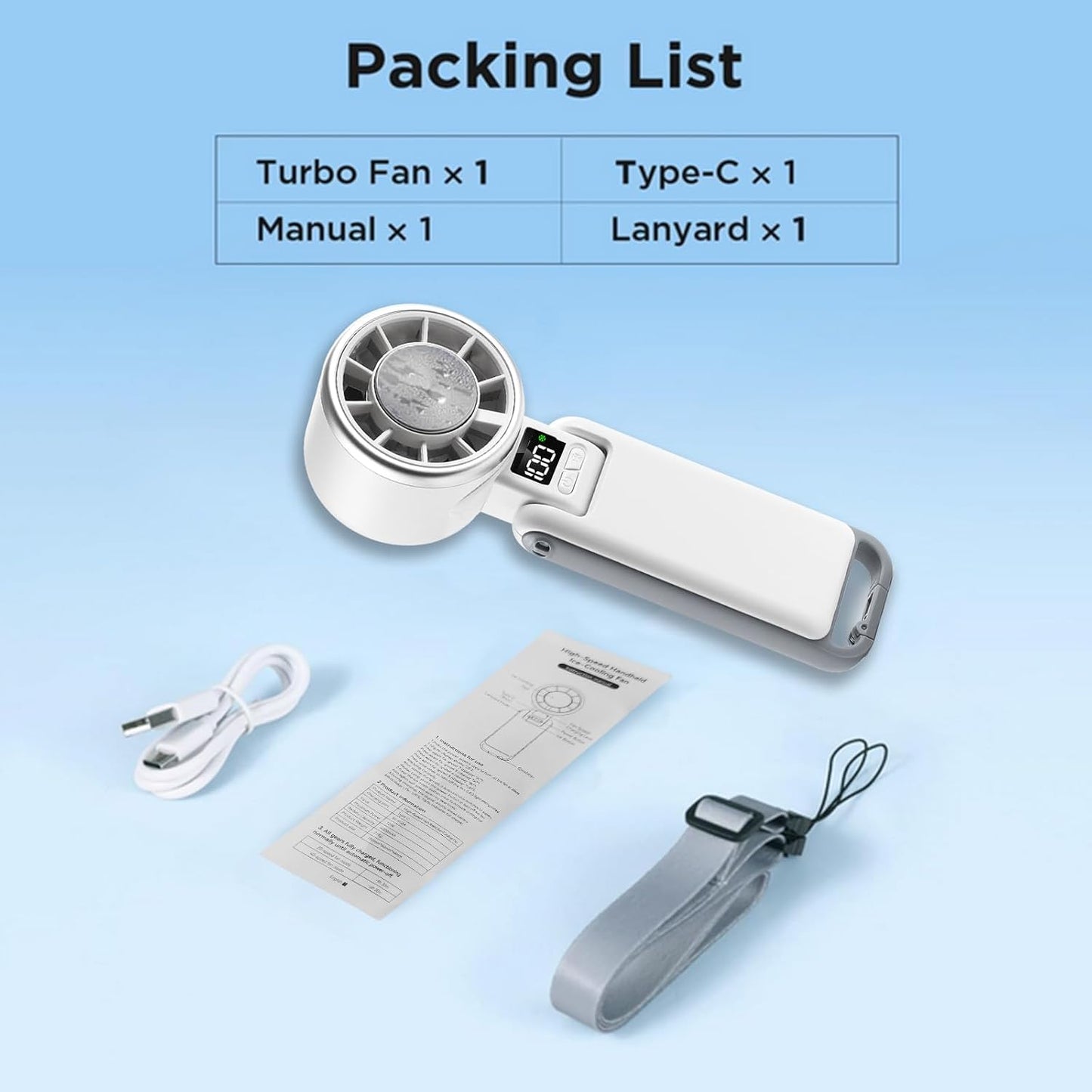 Portable Handheld Turbo Fan with Ice Cooling, 4000mAh Rechargeable