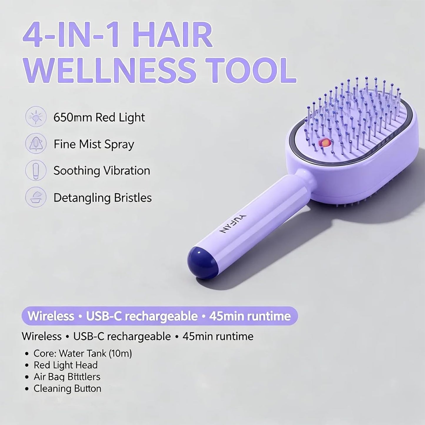 Electric Steam Brush for Hair, Portable Cordless Rechargeable Red Light Brushs with Detangling Comb