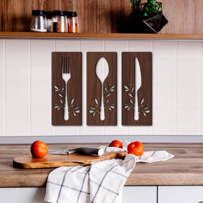 3Pcs Wooden Kitchen Signs: Fork, Spoon, Cutter, Eat - Decorations for Kitchen, Dining Room, Restaurant, Coffee Shop
