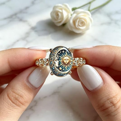 Copper Plain Sun & Moon Celestial Enamel Gold Fashion Ring
