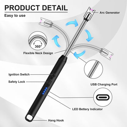 Electric Lighter with 360° Flexible Neck & Safety Lock, Windproof USB Rechargeable