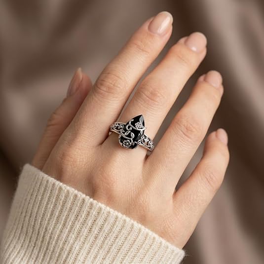 Black Onyx Energy Ring - Floral Vine Teardrop Design