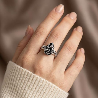 Black Onyx Energy Ring - Floral Vine Teardrop Design