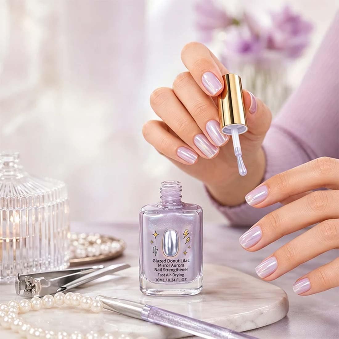 2Pcs Lilac Glossy Mirror Nail Strengthener, Glazed Donut Lilac Mirror Aurora Nail Strengthener Fast Air-Dry