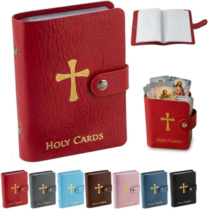 Genuine Leather Holy Card Holder Book with 54 Assorted Catholic Prayer Cards