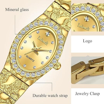 Elegant Women's Quartz Watch, Oval Rhinestone Inlay Dress Watches with Textured Alloy Band