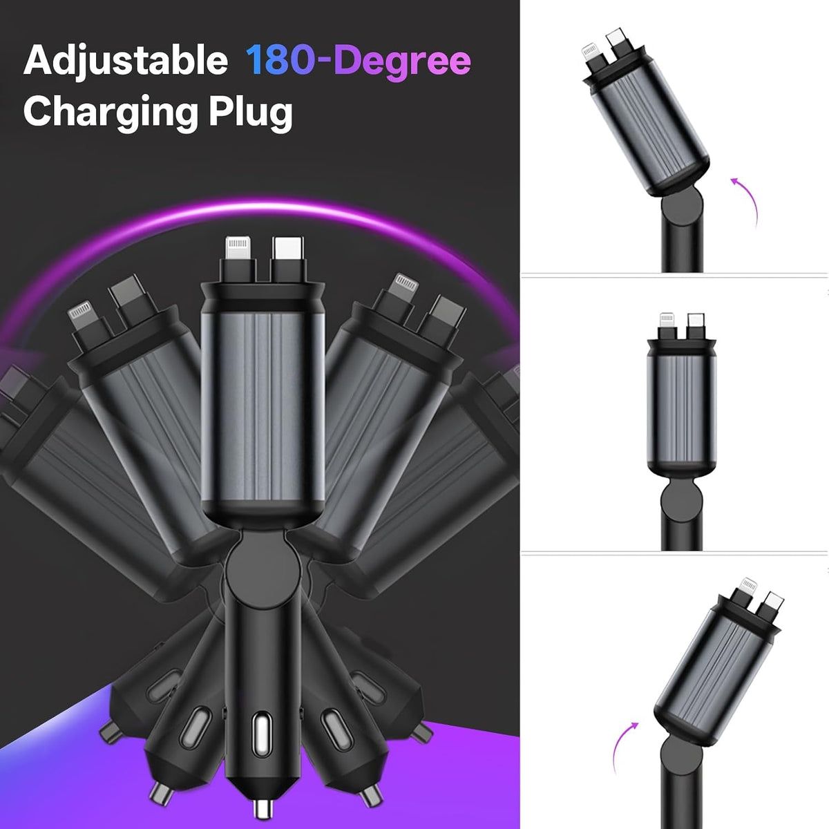 Retractable Car Charger, 4-in-1 Fast Charger with USB-C & USB-A | Red Starry Sky Light