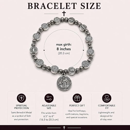 Catholic Rosary Metal Bracelet Saint Benedict Medal Bracelet for Men and Women Faith Baptism silvery