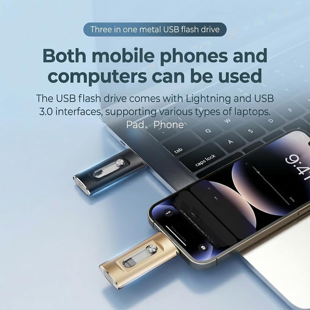 3-in-1 High-Capacity USB Drive with Fingerprint Security – Retractable Lightning & USB-A Memory Stick
