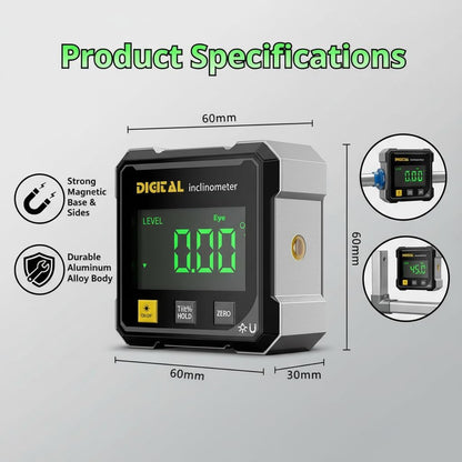 Digital Angle Finder,4 Sided Magnetic Digital Angle Gauge, USB Rechargeable & Large LED Display