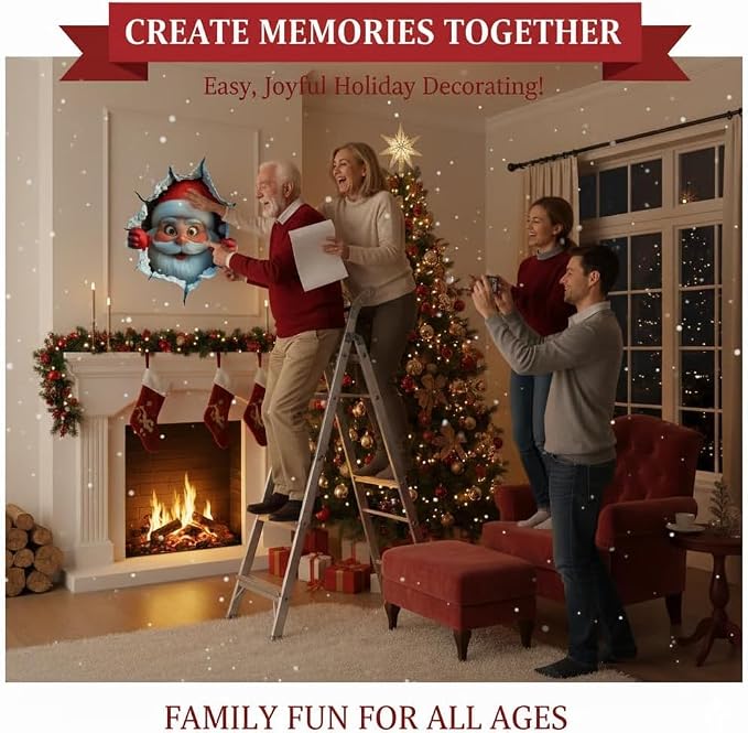 3Pcs 3D Funny Santa Claus Breakthrough Wall Decals, Removable Winter Holiday Window and Refrigerator Decorations