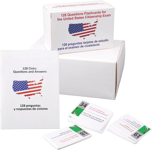 US Citizenship Flash Cards 2026, Bilingual English/Spanish 128 Civics Questions and Answers Test Flashcards