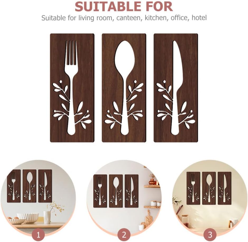 3Pcs Wooden Kitchen Signs: Fork, Spoon, Cutter, Eat - Decorations for Kitchen, Dining Room, Restaurant, Coffee Shop