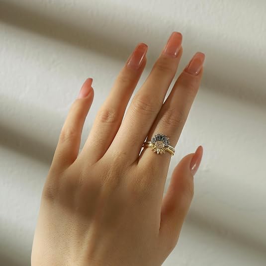 Celestial Sun and Moon Ring Set, Sparkling Sun Ring/Blue Moon Ring