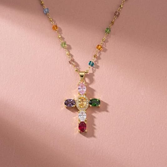 Rainbow Cross Pendant Necklace for Women Cubic Zirconia Faith Jewelry