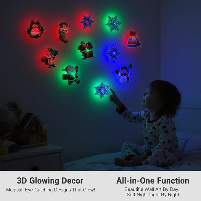 Christmas 3D Glowing Wall Decals, Christmas Wall Decals, Glow in The Dark Walldecals