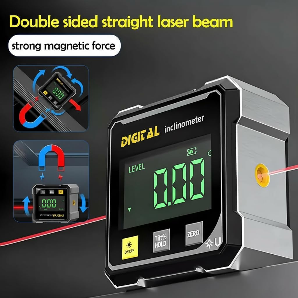 Digital Angle Finder,4 Sided Magnetic Digital Angle Gauge, USB Rechargeable & Large LED Display