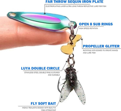 5Pcs Fishing Lures, 3D High Catch Rate Fly Spinner Baits, Metal Propeller Fishing Bait with Floating Rotating Tail
