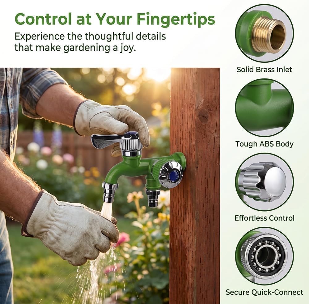 Outdoor Garden Water Faucet,1 Inlet 2 Outlet Valve Faucet Water Hose Outlet Hose Valve