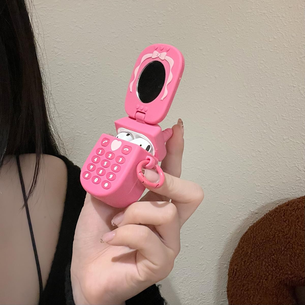 3D Kawaii Soft Silicone Makeup Mirror Puppy Retro Pink Cover For Airpods