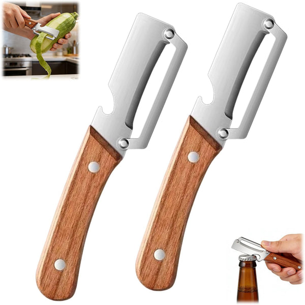 2Pcs Multifunctional Vegetable Peeler with Wooden Handle and Bottle Opener