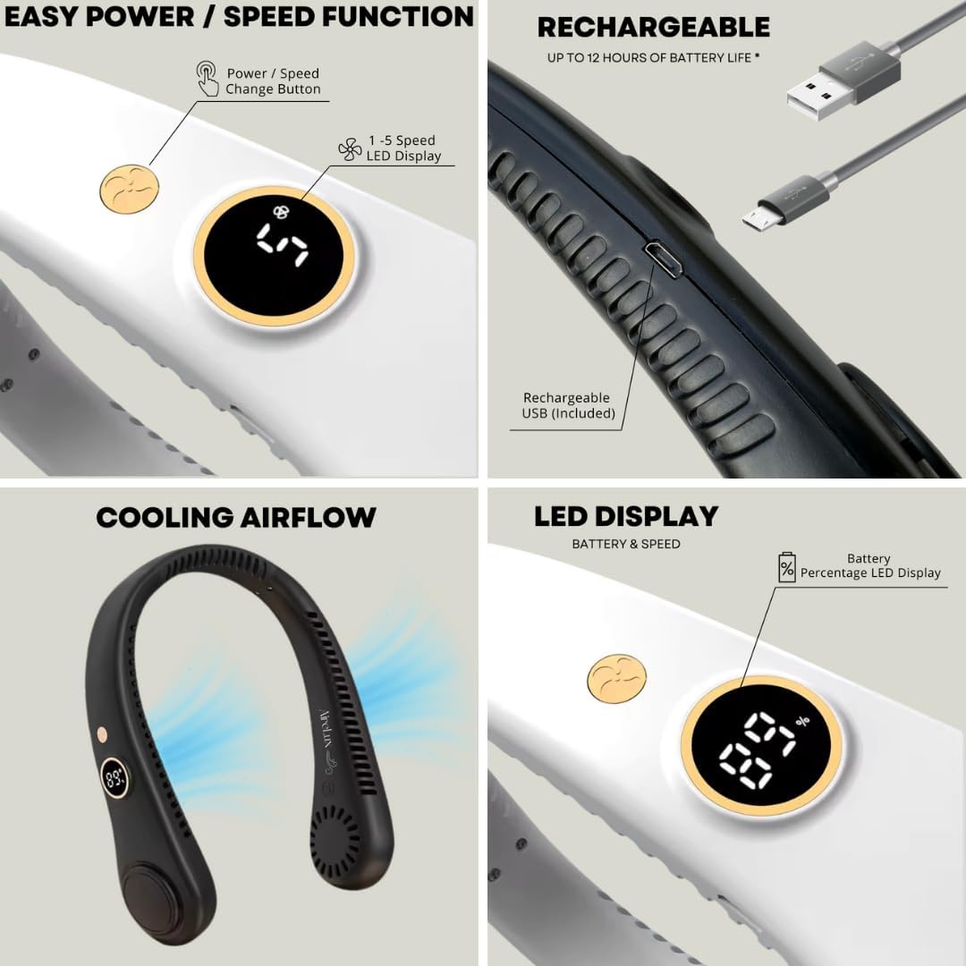 Vaneless Hanging Neck Fan, Portable Hands-Free Fan with 5 Adjustable Speeds, USB Rechargeable