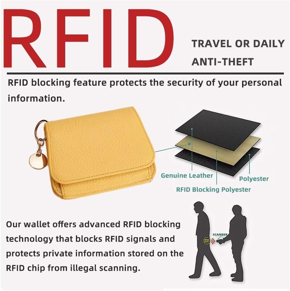 Small Wallet for Women RFID Blocking Genuine Leather Card Case Slim Tri-Fold Wallet with Zipper Pocket and Keychain