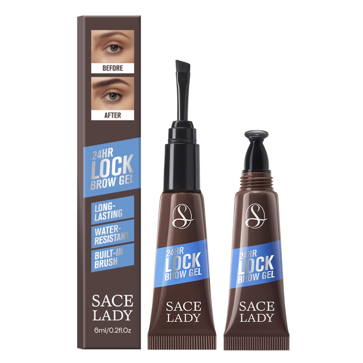 2Pcs 24H Lock Eyebrow Gel - Waterproof Brown Eyebrow Styling Gel with Built-in Brush