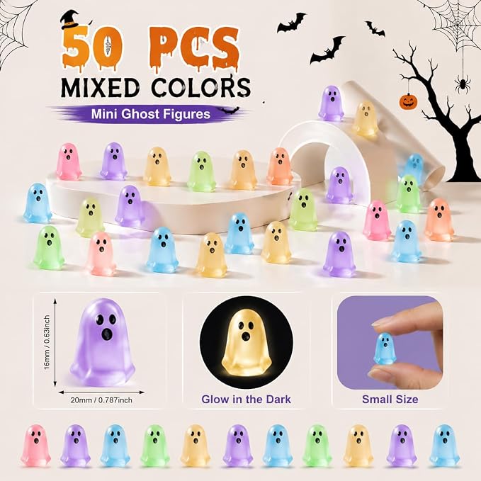 50 Pcs Mini Ghost Figurines, Glow in the Dark Resin Halloween Miniatures
