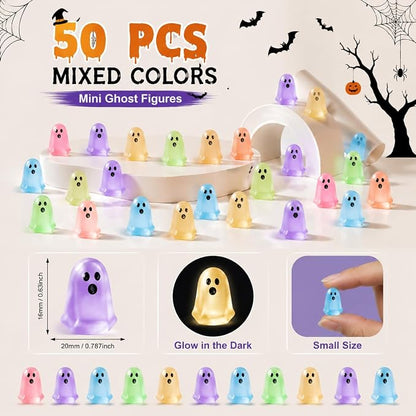 50 Pcs Mini Ghost Figurines, Glow in the Dark Resin Halloween Miniatures
