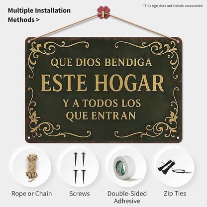 8x12in Spanish Religious Aluminum Wall Sign - Que Dios Bendiga Este Hogar Flat Decorative Sign