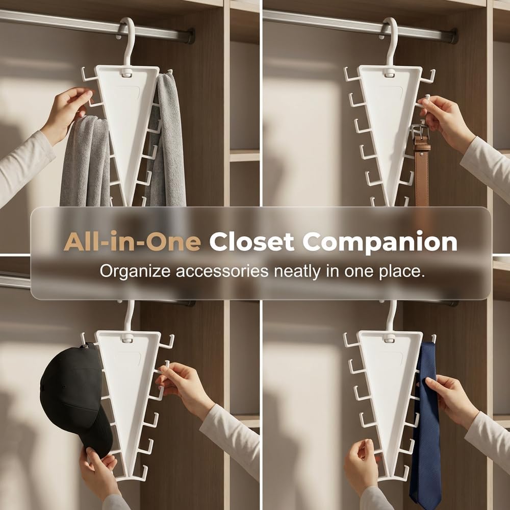  4Pcs V-Shaped Double-Sided Closet Hanger, 12 Hooks Rotating Organizer for Hats Scarves Belts