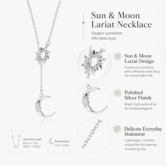 Sun and Moon Necklace for Women Gold Sun Y Lariat Necklace Silver Moon Pendant Necklace