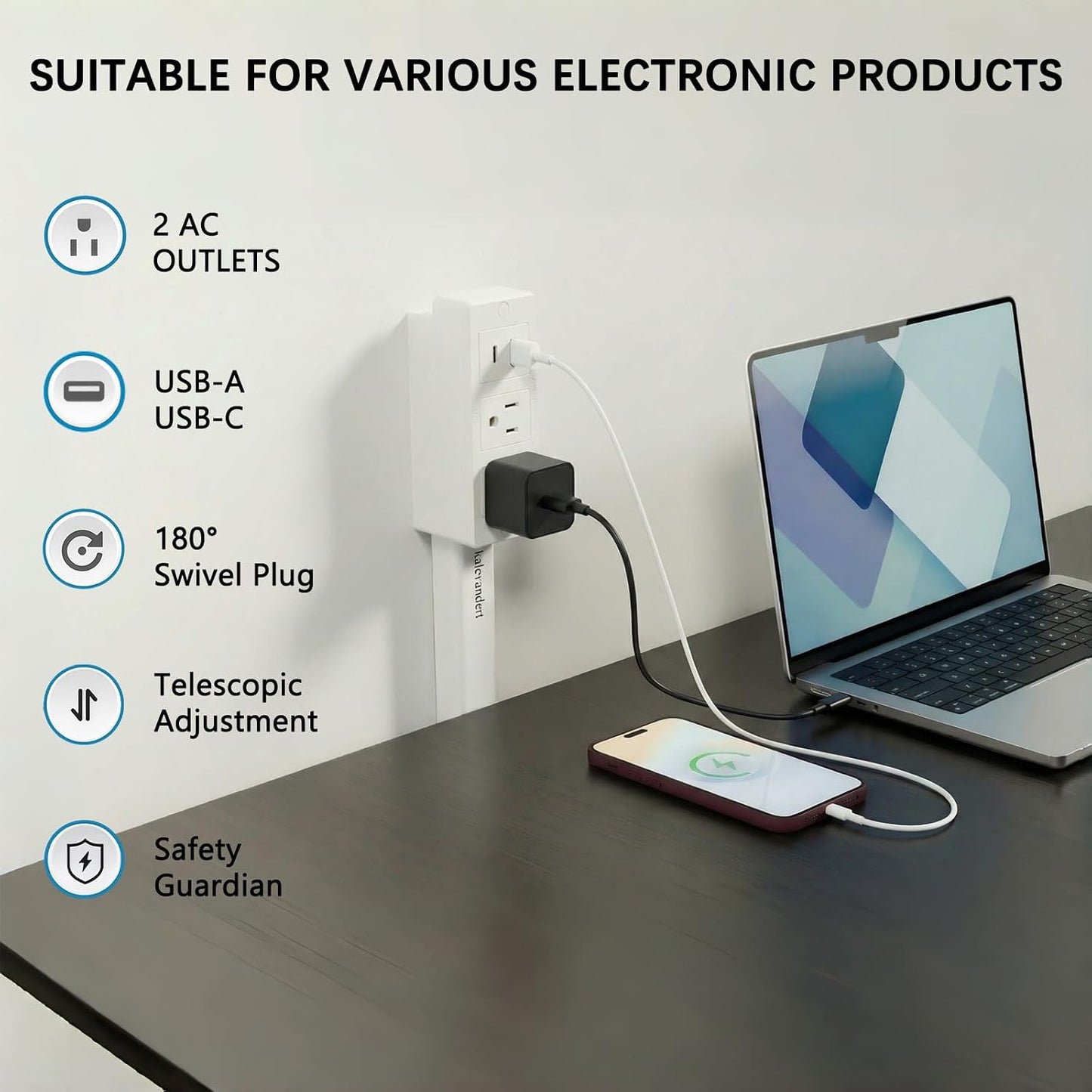 Outlet Extender Stick, Power Strip with 6 Outlets & 2 USB Ports