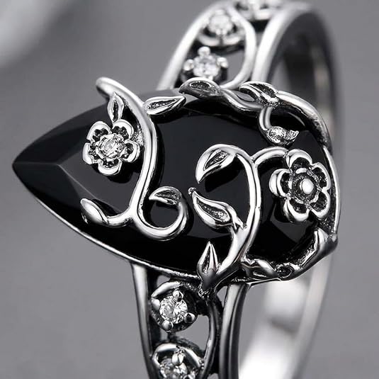 Black Onyx Energy Ring - Floral Vine Teardrop Design