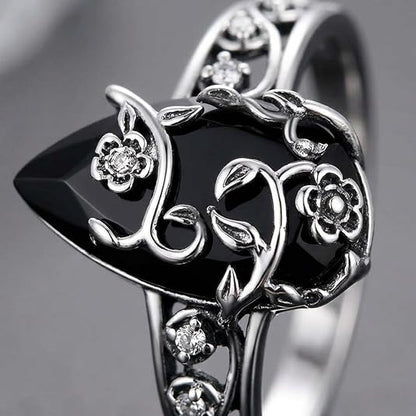 Black Onyx Energy Ring - Floral Vine Teardrop Design