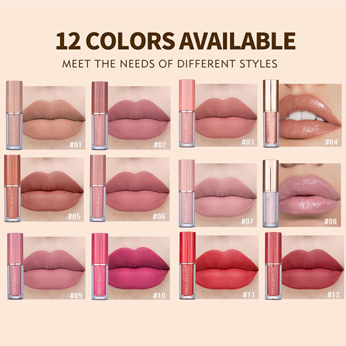 12Pcs Velvet Matte Liquid Lipstick Set, Non-Stick Cup Nude Lip Stain Kit