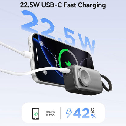 3-in-1 5000mAh Portable Charger with Built-in USB-C Cable | Mini Power Bank for Apple Watch