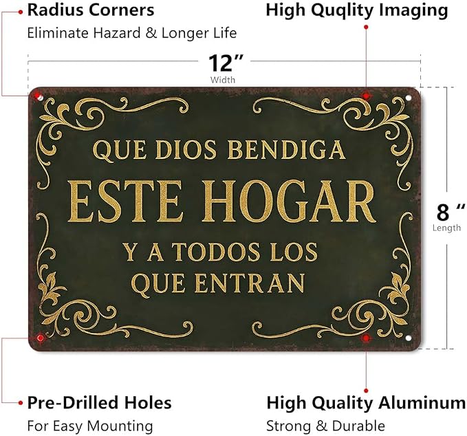 8x12in Spanish Religious Aluminum Wall Sign - Que Dios Bendiga Este Hogar Flat Decorative Sign