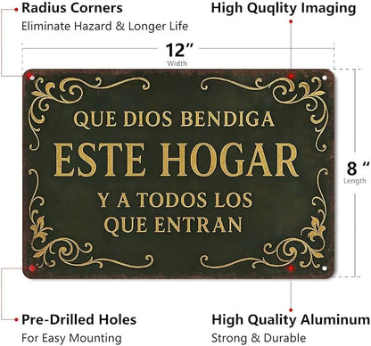 8x12in Spanish Religious Aluminum Wall Sign - Que Dios Bendiga Este Hogar Flat Decorative Sign