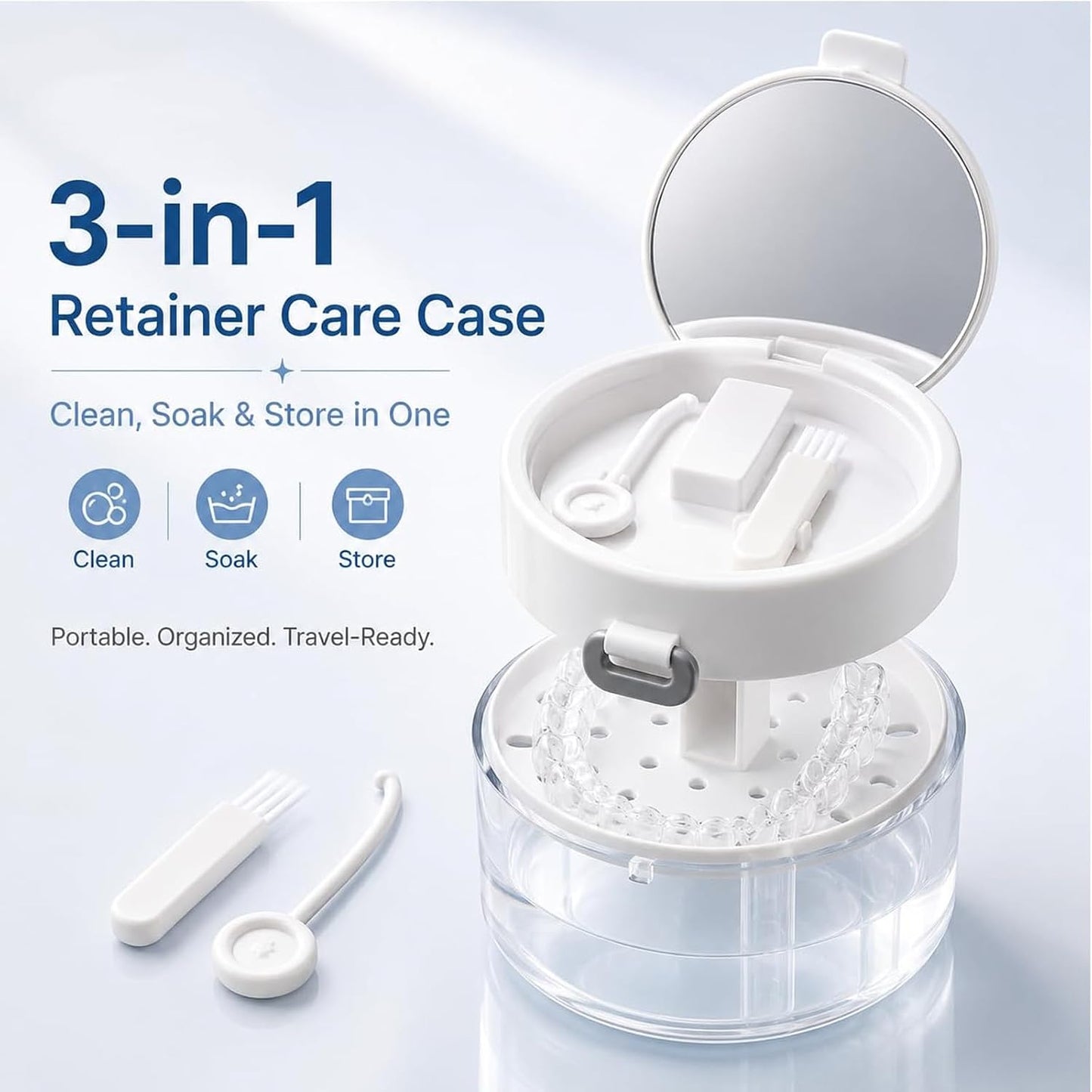 3-in-1 Retainer Case with Mirror and Cleaning Brush, Portable Retainer Case with Mirror