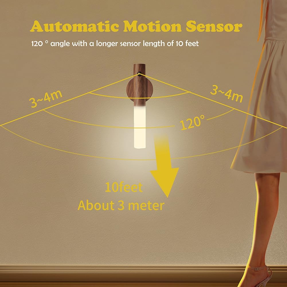 2Pcs Wooden Smart Motion-Sensor LED Night Light / Rechargeable Wall Light
